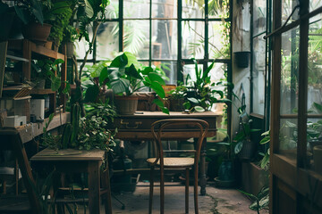 A small room with a desk and two chairs. The room is filled with plants and has a green and leafy atmosphere