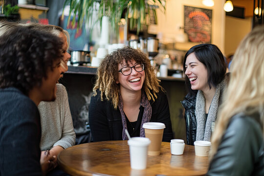 Group of diverse friends at a coffee shop, chatting and laughing