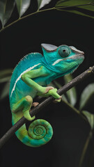 Fototapeta premium Green chameleon clings to branch, its colorful features contrast with dark background Vertical Mobile Wallpaper