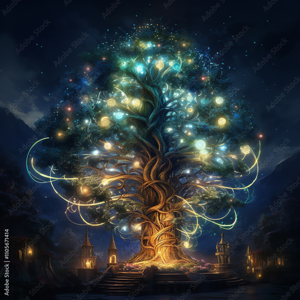 Poster a tree with a bridge and a castle in the background. majestic tree with a dense crown, illuminated b