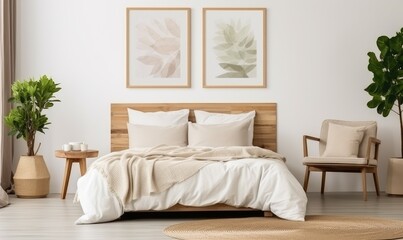  Interior design of cozy bedroom with mock up poster frame, beige bedding, plants, armchair, beige pillows, wooden desk, 