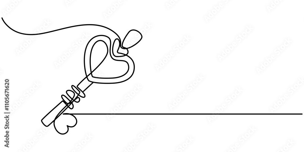 Poster Love Keys Black Stroke Linear Icon, Continuous one line drawing of a heart shaped lock and key. Vector illustration, Key with heart in single continuous line. One line drawing. Line icon. Old key. 