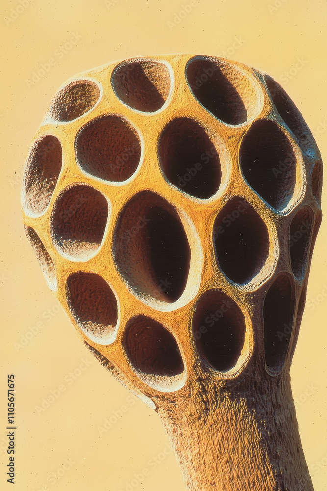 Poster intriguing close-up of a lotus seed pod showcasing natural patterns and textures