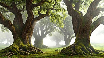 Fototapeta premium Enchanting Misty Forest with Twisted Ancient Trees and Lush Moss Covered Roots