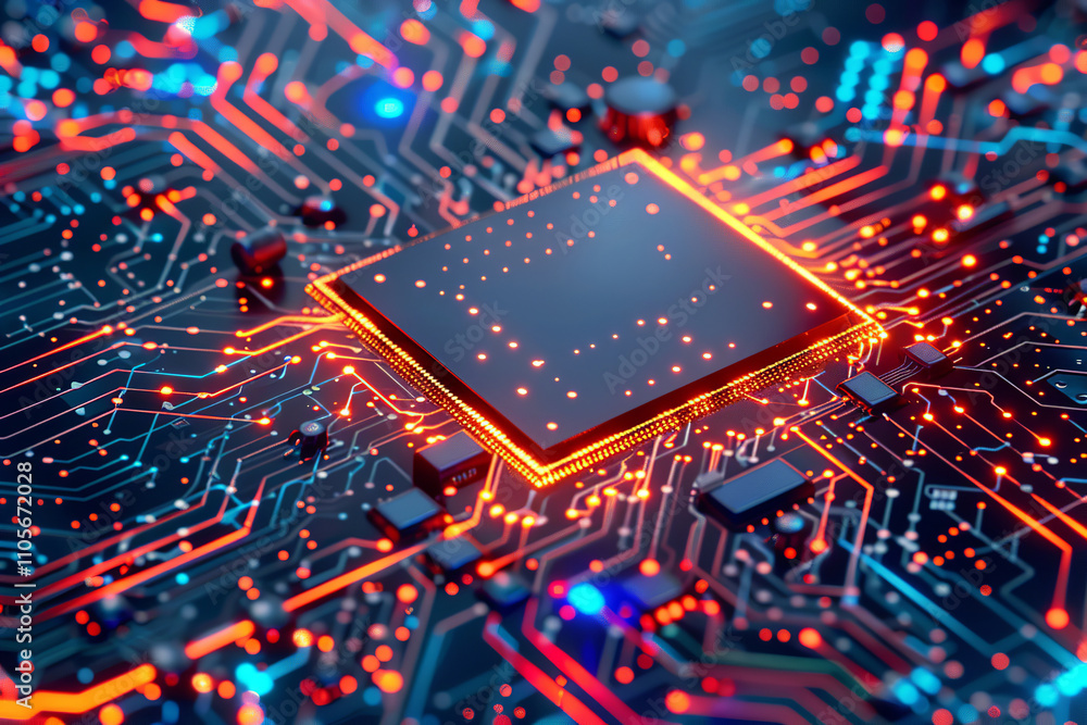 Aufkleber a computer chip with a blue square on it. the blue square is surrounded by orange. microchip with a 