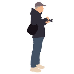 Senior tourist photographer with camera vector silhouette. Journalist mature man traveler capture interesting view. Secret agent duty. Passenger on vocation take photos.