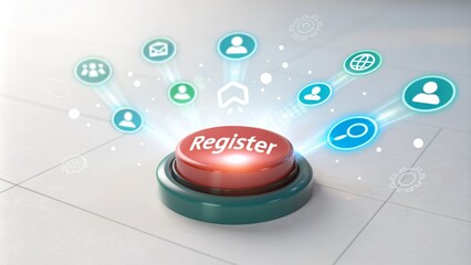 Register button surrounded by digital icons emphasizing online signup and connectivity in modern technology