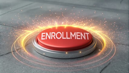 Bright red enrollment button with sparkles on a stone surface, inviting participation in an opportunity or program
