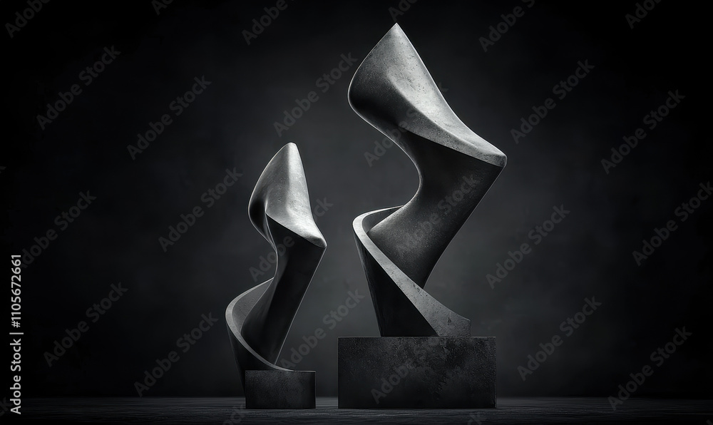 Poster abstract stone sculptures: elegant modern art forms with dynamic curves and textures in a minimalist