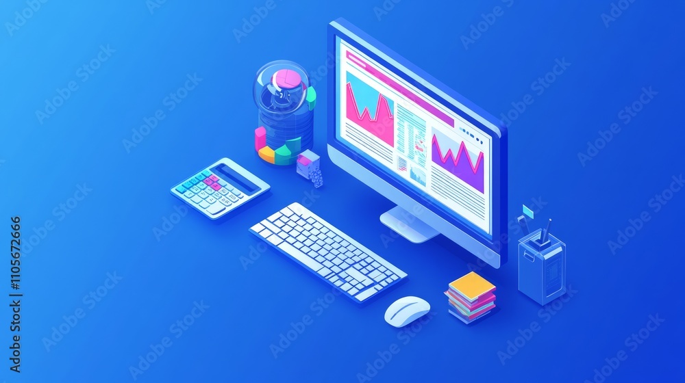 Poster 3d isometric computer workstation with various office supplies and data visualizations.
