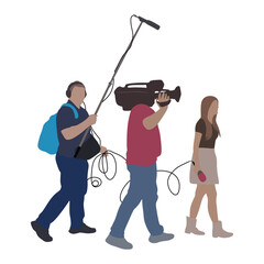 Journalist News Reporter Interview with camera crew vector silhouette illustration isolated on white background. TV Crew