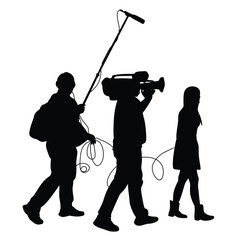 Journalist News Reporter Interview with camera crew vector silhouette illustration isolated on white background. TV Crew