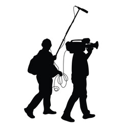 Journalist News Reporter Interview with camera crew vector silhouette illustration isolated on white background. TV Crew