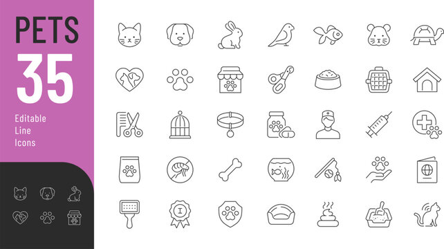 Pets Line Editable Icons set. Vector illustration in modern thin line style of domestic animals related icons: care, veterinary, accessories, and more. Pictograms and infographics for mobile apps