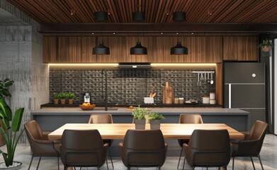Modern kitchen with dining table and chairs. wooden ceiling. gray concrete walls. and black pendant lights