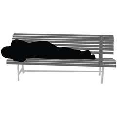 Silhouette of a homeless man sleeping on a park bench