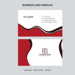 Modern business card template. Red and black color scheme, wavy design, editable and printready. Includes contact details and logo space.