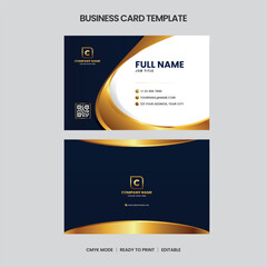 Two sided business card template. Features gold accents, dark blue navy background, contact info, QR code, and company logo. CMYK, printready, editable.