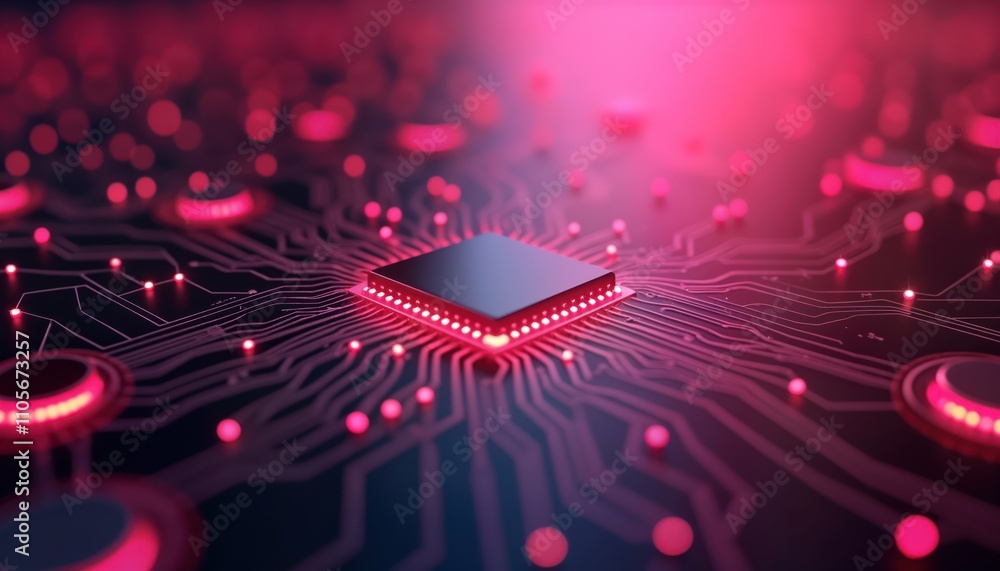 Aufkleber modern circuit board with central processor. complex tech design with glowing pink lines, bright lig