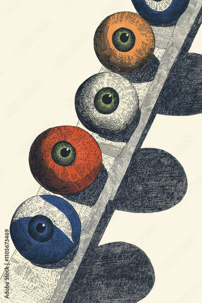 Poster surreal abstract illustration featuring colorful eyeball patterns in a unique and imaginative graphi