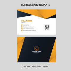 A professional business card template design featuring a modern layout with yellow and black color scheme.