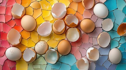 Colorful eggshells scattered on a vibrant mosaic background.