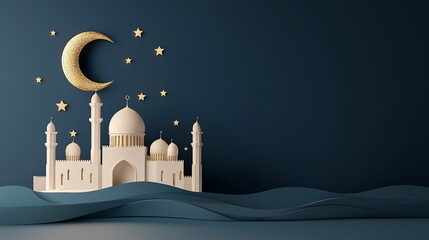 3D rendering of a mosque with crescent moon and stars, on a dark navy blue background with wavy base.