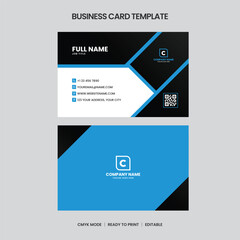 Clean business card design featuring black and blue color scheme, contact details, QR code, and company logo. Ready to print.