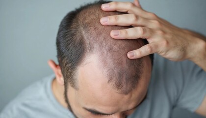 Fototapeta premium Man Examining Balding Head for Hair Loss Concerns