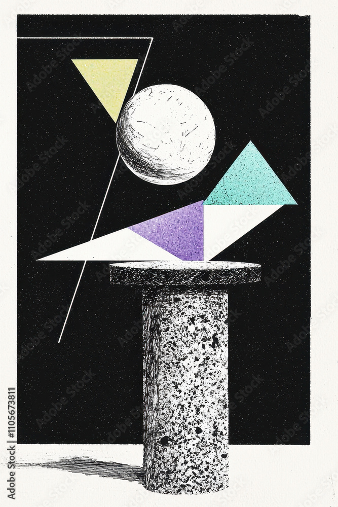 Poster dynamic geometric abstract art composition: innovative graphic design featuring colorful shapes on t