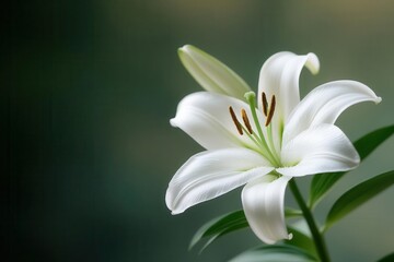 Elegant white lily blossom with green leaves in soft focus background.