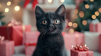 Christmas concept. A cute little black cat sitting with a red gift box on bokeh light  background. Generative AI.