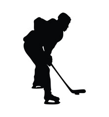 Ice hockey player, isolated vector silhouette. Ice hockey player skating with puck, isolated vector silhouette