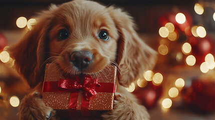 Christmas concept. A cute little Golden retriever dog with a red gift box in its mouth with a bokeh light background. Generative AI.