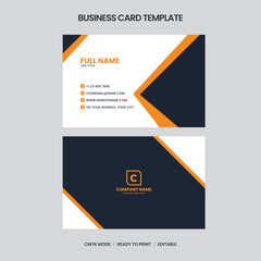 Clean, professional business card template featuring dark blue, orange, and white. Includes contact details and company logo space. CMYK and printready.