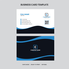 Modern business card template featuring blue and dark color scheme, QR code, contact info, and company logo. CMYK ready to print and fully editable.