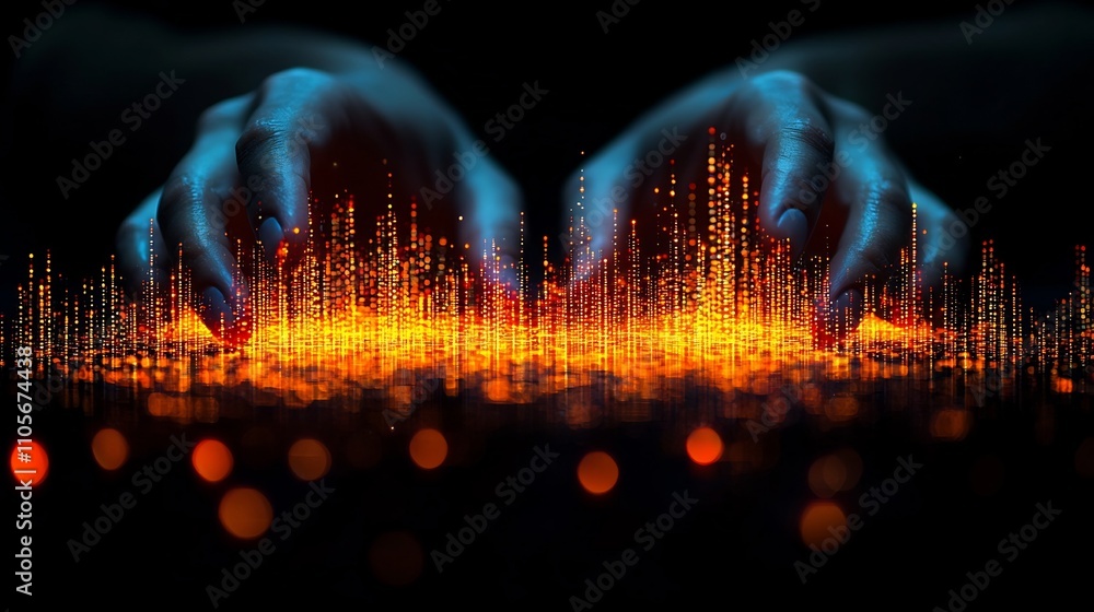 Poster glowing digital networking and data visualization in virtual space