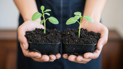 Hands holding two small green seedling pots