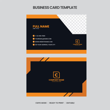 Modern business card template featuring orange and black color scheme. Includes contact details, logo space, and is ready to print. Editable design.