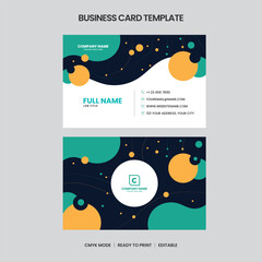 Two modern business card designs featuring abstract teal, orange, and dark backgrounds. Contact info included. CMYK readytoprint format.