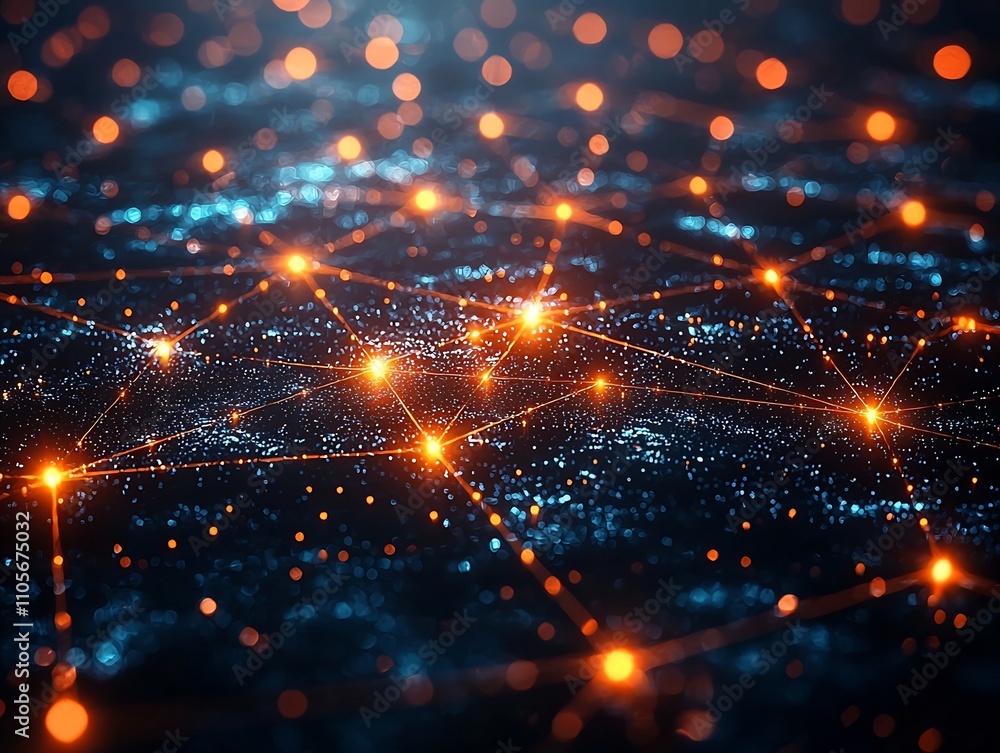 Poster futuristic business networking concept with glowing nodes and interconnected lines above cityscape