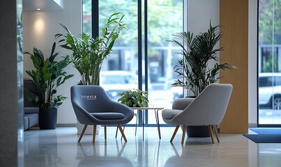 Fototapeta premium Modern office lobby with comfortable seating, plants, and large windows.