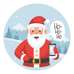 Cute Santa Claus with a smartphone in his hand against the background of a winter landscape. Christmas illustration in a flat style.