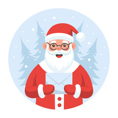Cute Santa Claus with a letter in his hands on the background of a winter landscape. Christmas illustration in a flat style.