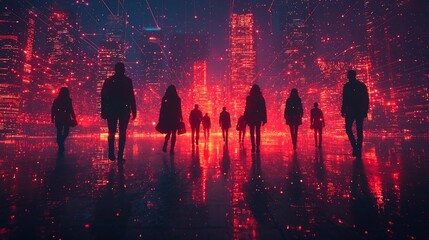 Digital Business Professionals Network in Futuristic Cityscape with Glowing Connections