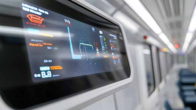 Advanced Digital Display in Modern Subway Train with Data Visualization for Passenger Comfort and Operational Efficiency in Urban Transport Systems