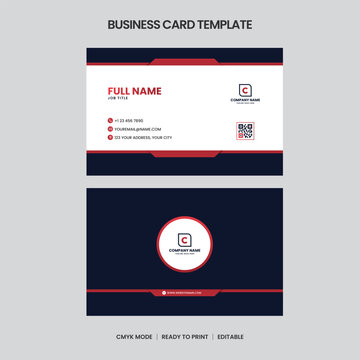 Modern business card template featuring red and dark blue color scheme. Includes contact info, QR code, and company logo. CMYK ready, editable.