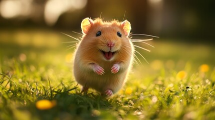 A happy hamster running across a grassy field, bathed in golden sunlight.