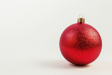 close up horizontal isolated shiny red christmas ball decoration, copy space