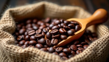 Fototapeta premium Roasted coffee beans in burlap sack. Wooden scoop filled with beans. Warm brown tones. Macro photo shows textural details. Rustic backdrop. Soft natural lighting. Shallow depth of field. Freshly